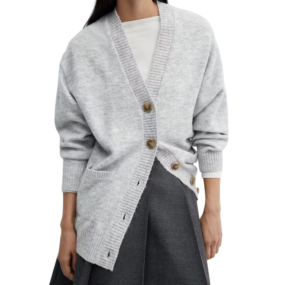 NWT Mango MNG Oversized V-Neck Button Front Cardigan Sweater Gray Size Small